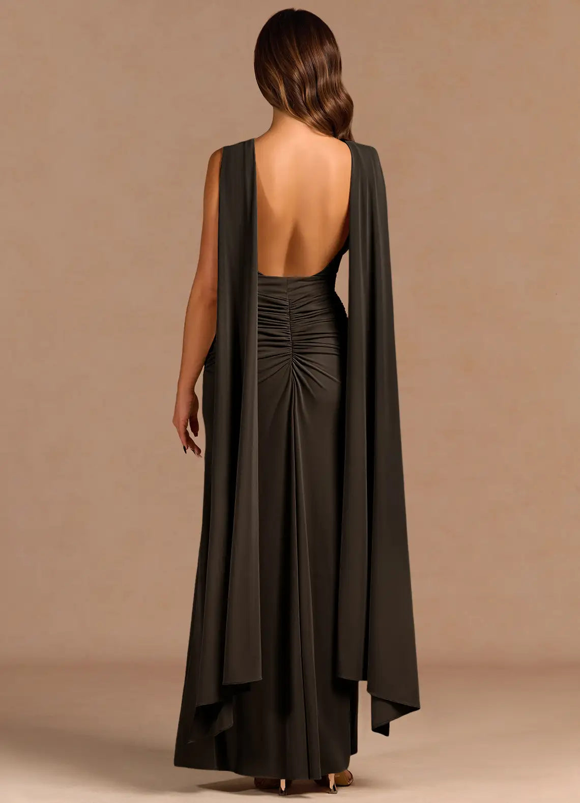 Sheath Boat Neck Backless Chocolate Maxi Evening Dress With Streamer