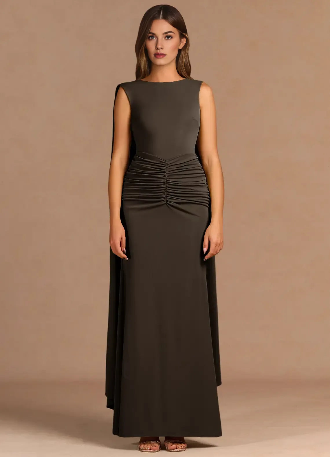 Sheath Boat Neck Backless Chocolate Maxi Evening Dress With Streamer