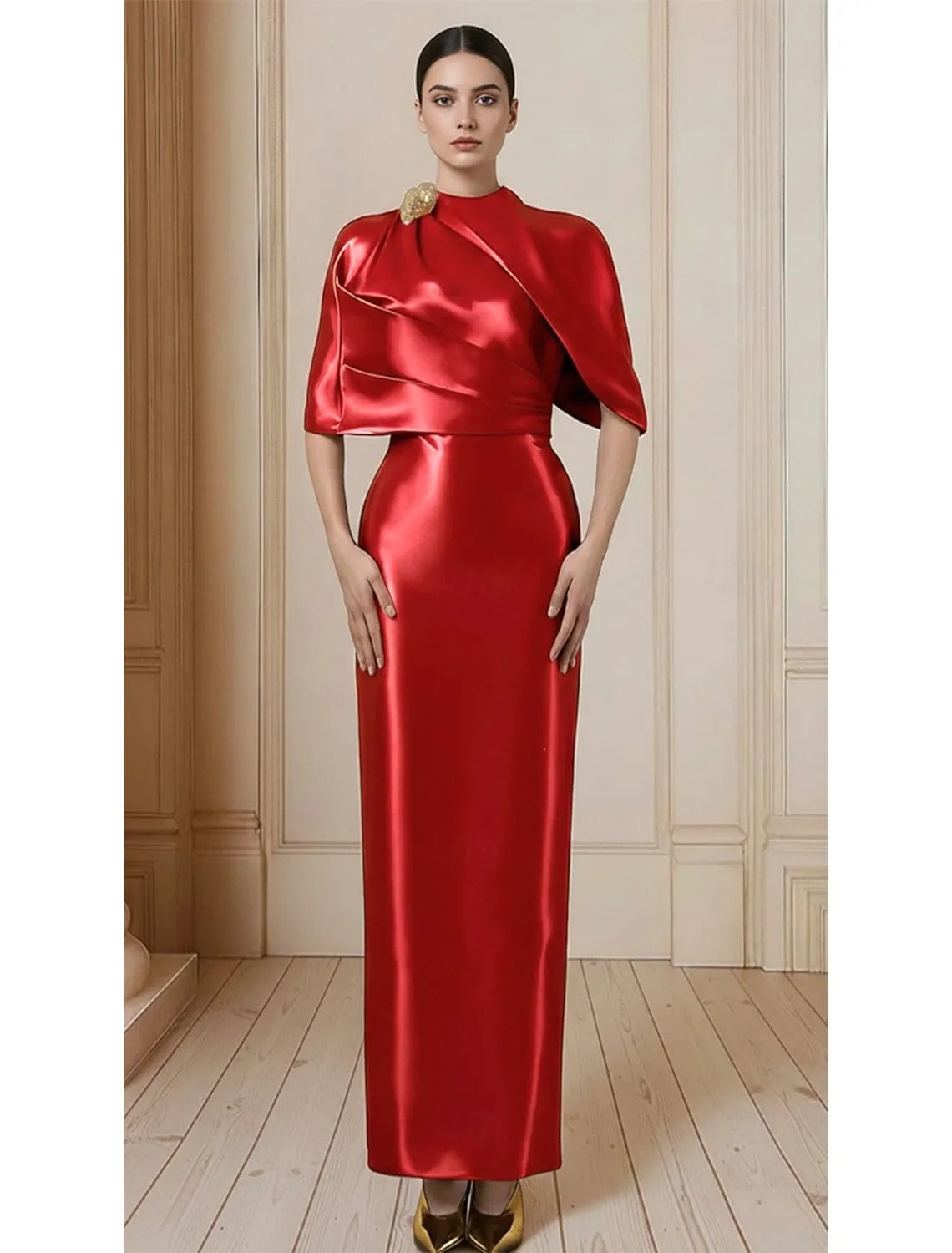 Sheath Crew Neck Capelet Backless Satin Red Floor Length Evening Dress With Slit