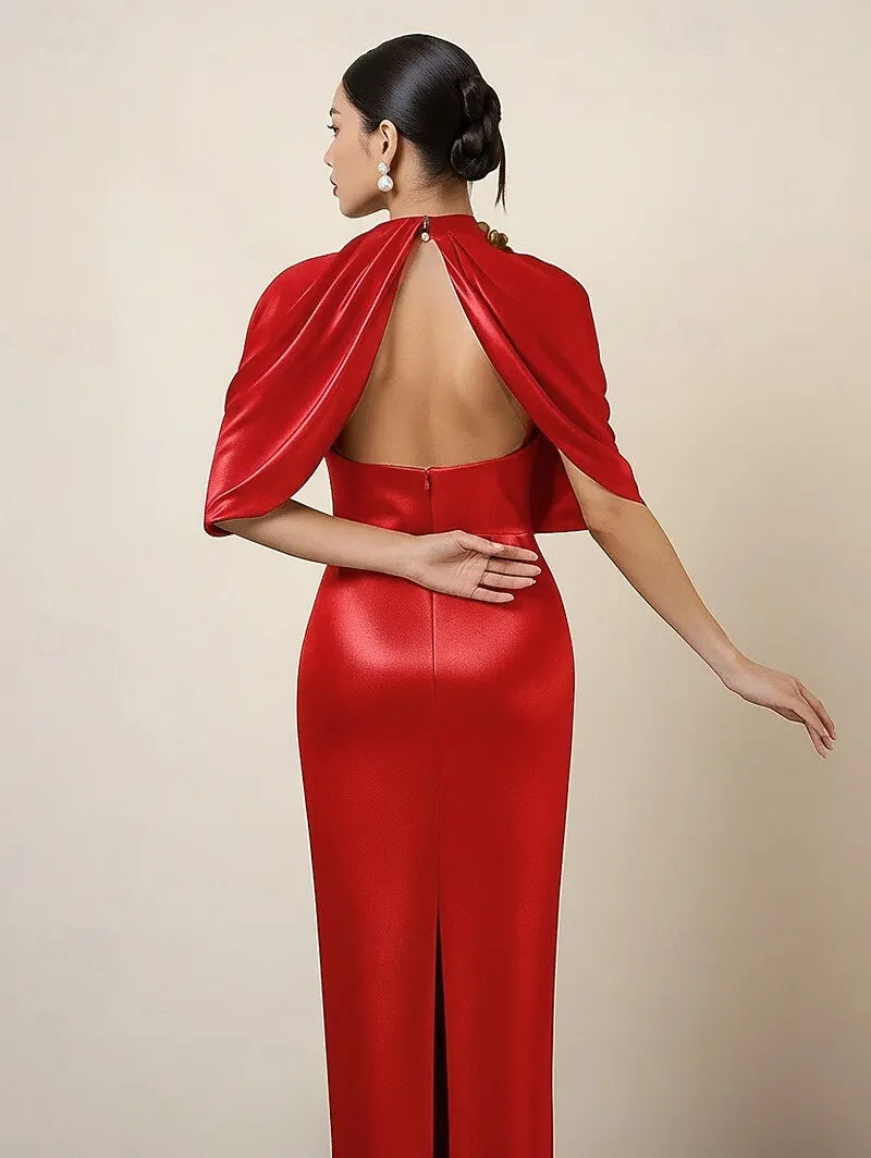Sheath Crew Neck Capelet Backless Satin Red Floor Length Evening Dress With Slit