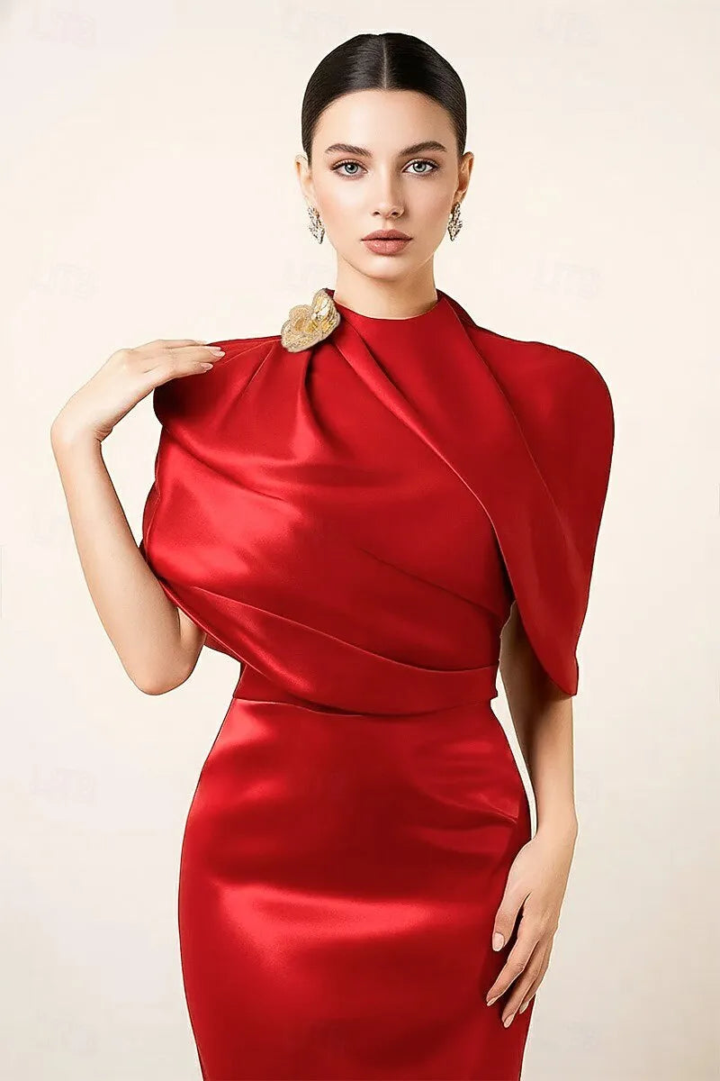 Sheath Crew Neck Capelet Backless Satin Red Floor Length Evening Dress With Slit