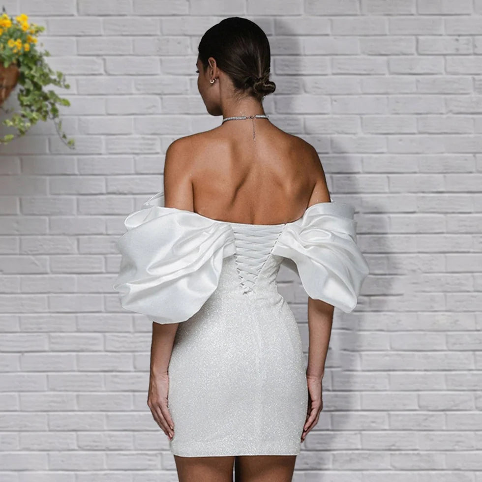 Sheath Diamond White Glitter Off-the-Shoulder Short Sleeves Short Wedding Dress With Lace-Up Back