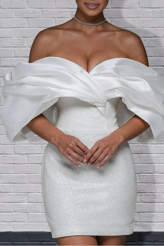 Sheath Diamond White Glitter Off-the-Shoulder Short Sleeves Short Wedding Dress With Lace-Up Back