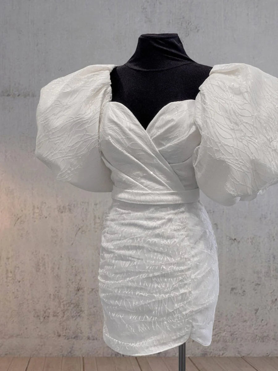 Sheath Diamond White Satin Applique Short Puff Sleeves V-Neck Short Wedding Dress No Veils