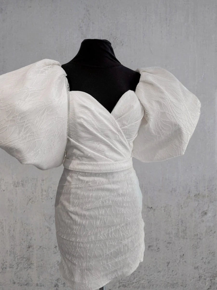 Sheath Diamond White Satin Applique Short Puff Sleeves V-Neck Short Wedding Dress No Veils