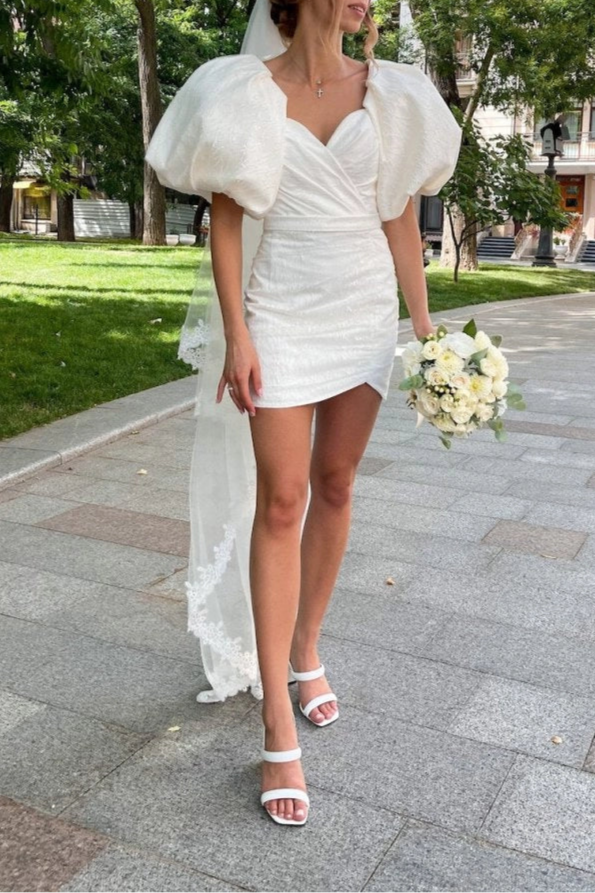 Sheath Diamond White Satin Applique Short Puff Sleeves V-Neck Short Wedding Dress No Veils