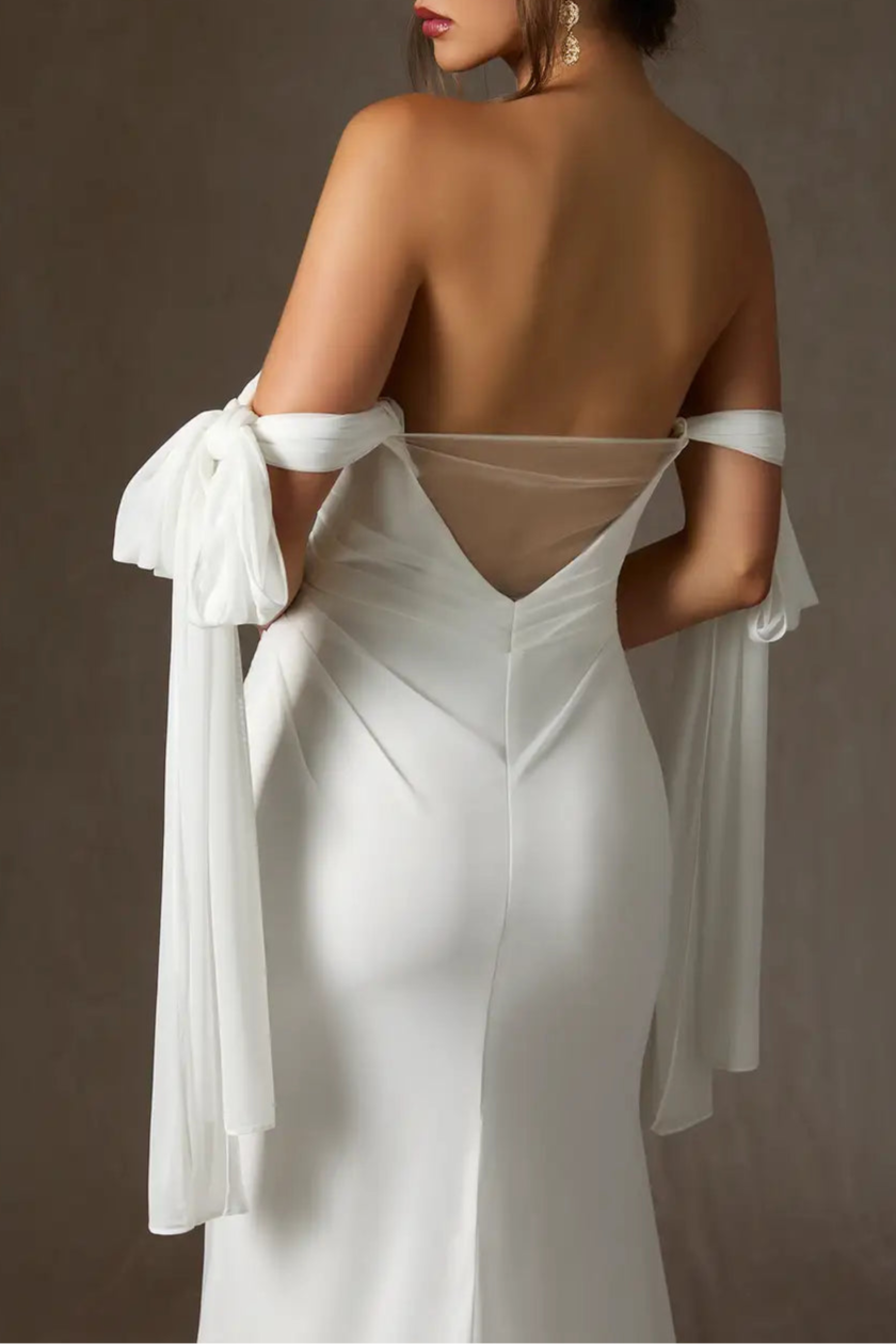 Sheath Diamond White Tulle Bows Detachable Sleeves Off-the-Shoulder Wedding Dress With Sweep Train