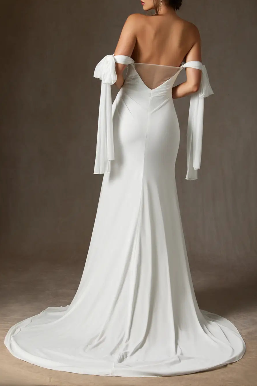Sheath Diamond White Tulle Bows Detachable Sleeves Off-the-Shoulder Wedding Dress With Sweep Train