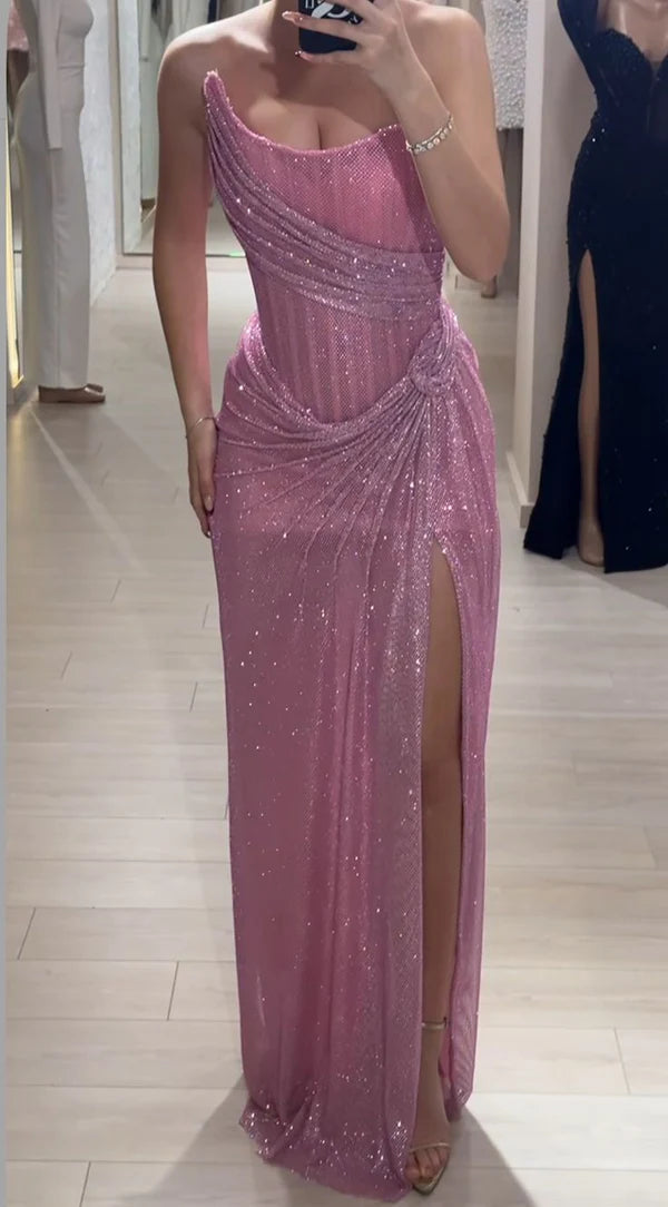 Sheath Elegant Pink Sequin Strapless Sleeveless Slit Discount Long Prom Dresses Party Dress