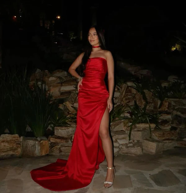 Sheath Elegant Red Satin Strapless Slit Long Train Prom Dresses Elegant Red Party Dresses