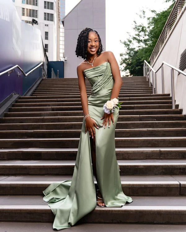 Sheath Elegant Strapless Sage Green Satin With Beaded Pleated Slit Long Prom Dresses Party