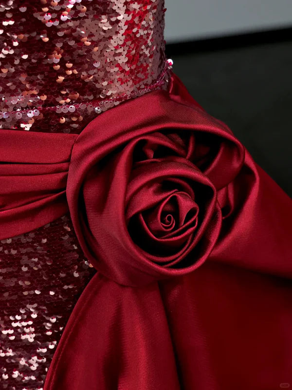 Sheath Gorgeous Red Sequin V Neck 3D Rose Long Prom Dress Hot Sale Party Dresses For Women