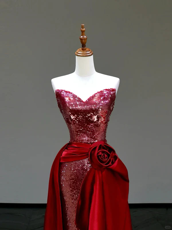 Sheath Gorgeous Red Sequin V Neck 3D Rose Long Prom Dress Hot Sale Party Dresses For Women