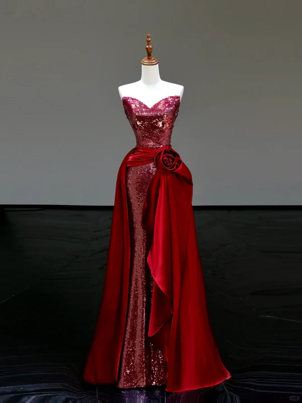 Sheath Gorgeous Red Sequin V Neck 3D Rose Long Prom Dress Hot Sale Party Dresses For Women