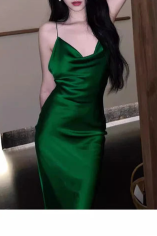 Sheath Green Satin Draped Collar Spaghetti Straps Backless Long Prom Dresses Casual Green Party Dress