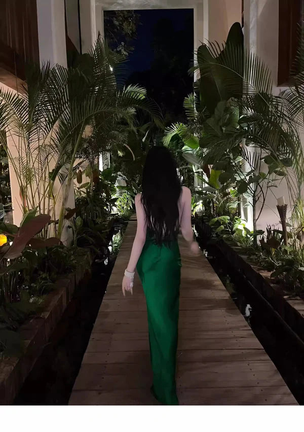 Sheath Green Satin Draped Collar Spaghetti Straps Backless Long Prom Dresses Casual Green Party Dress