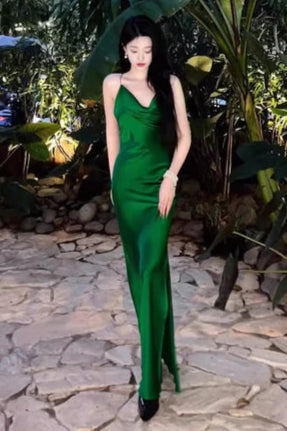 Sheath Green Satin Draped Collar Spaghetti Straps Backless Long Prom Dresses Casual Green Party Dress