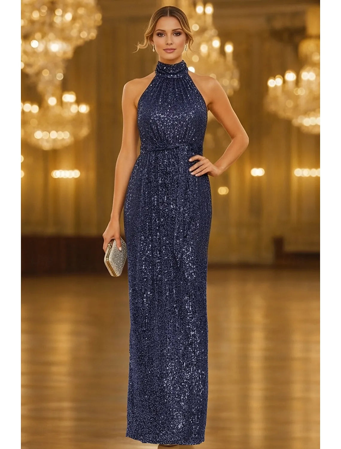 Sheath Halter Sequin Navy Blue Evening Dress With Back Slit For Sale