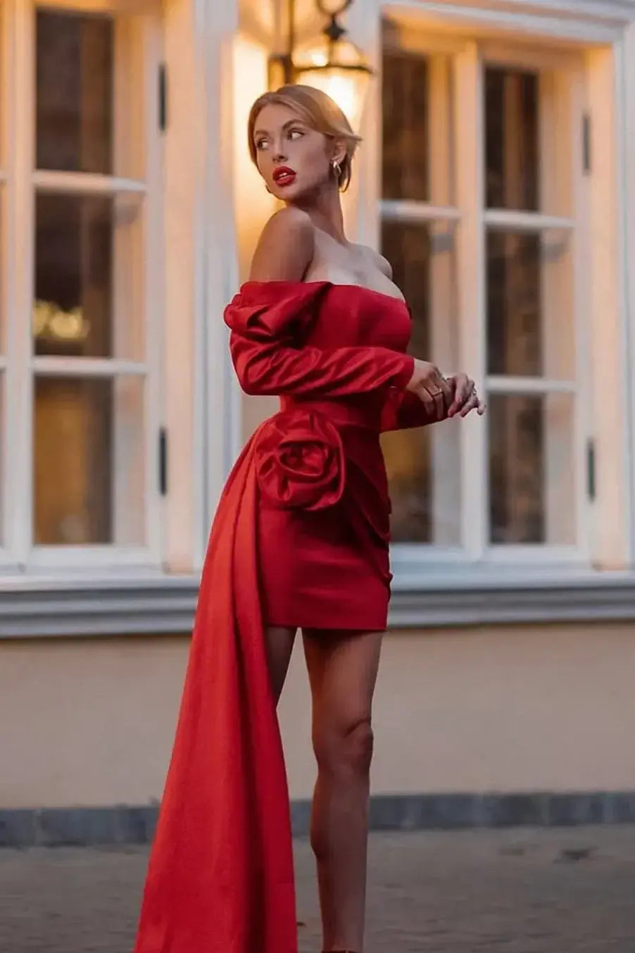 Sheath Off-Shoulder Long Sleeve 3D Flower Satin Red Short Homecoming Dress
