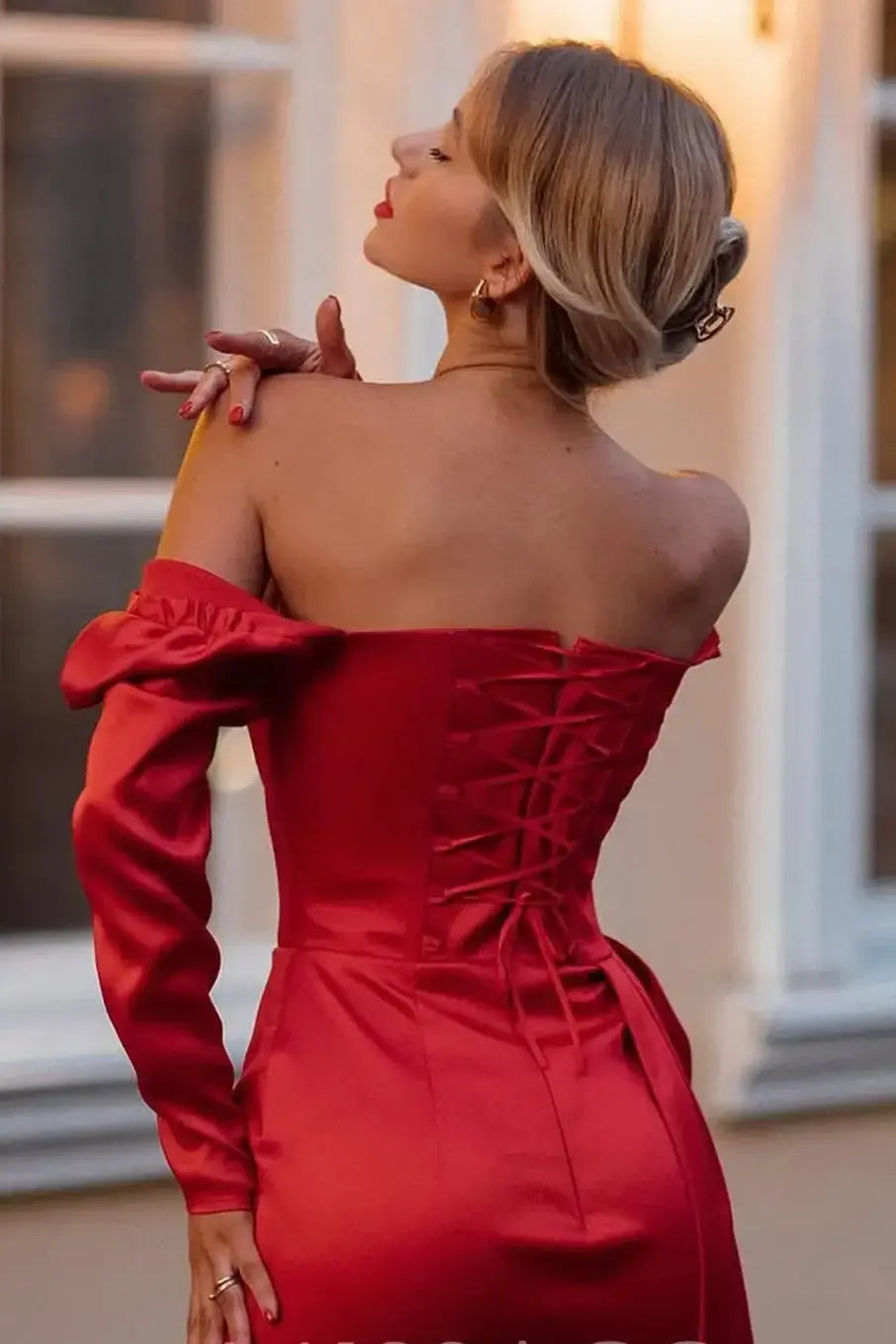 Sheath Off-Shoulder Long Sleeve 3D Flower Satin Red Short Homecoming Dress