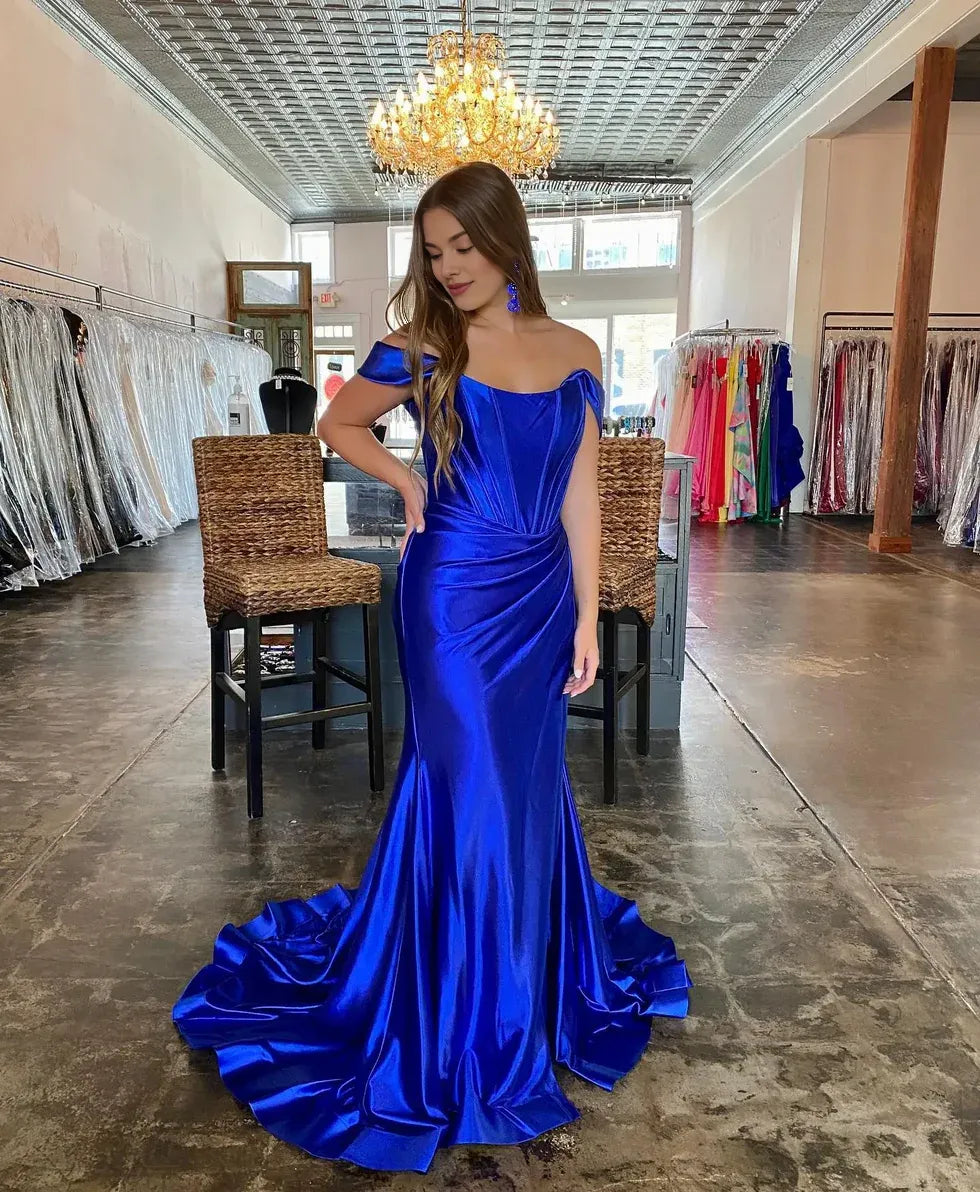 Sheath Off the Shoulder Corset Satin Royal Blue Evening Dress With Train
