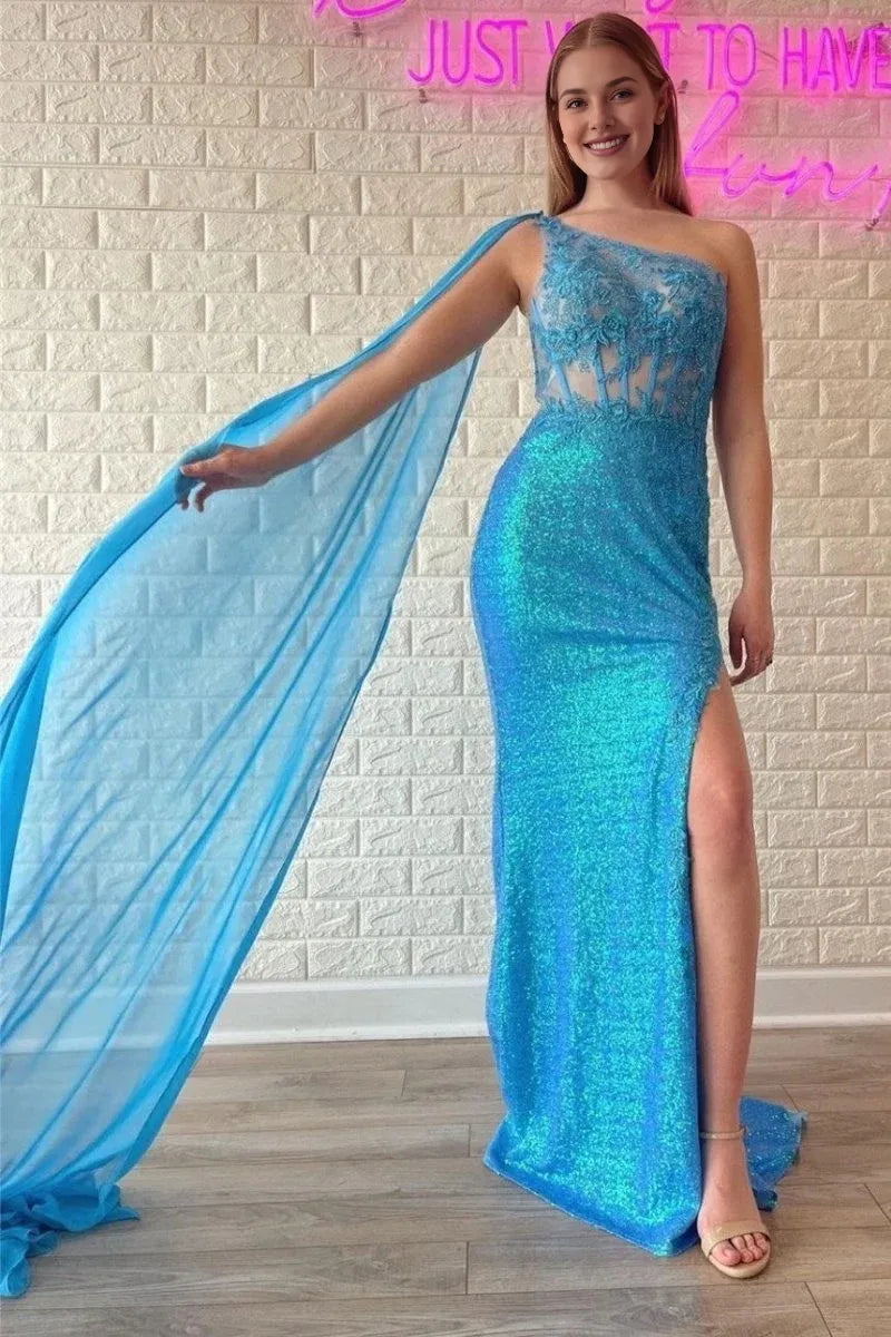 Sheath One-Shoulder Applique Sequin Green Long Evening Dress With Streamer