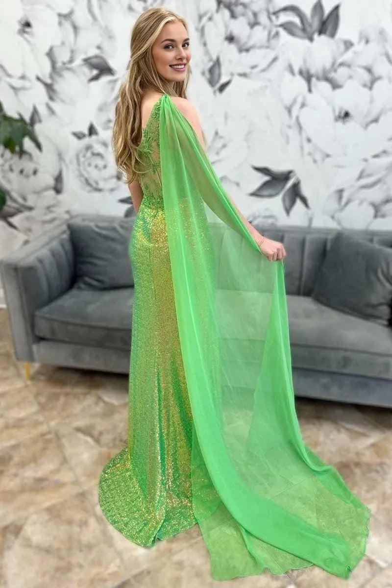 Sheath One-Shoulder Applique Sequin Green Long Evening Dress With Streamer