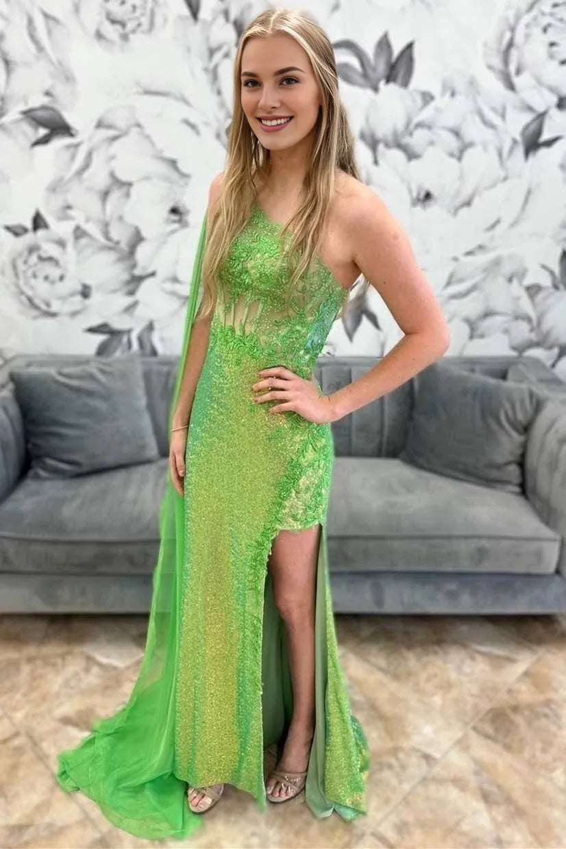 Sheath One-Shoulder Applique Sequin Green Long Evening Dress With Streamer