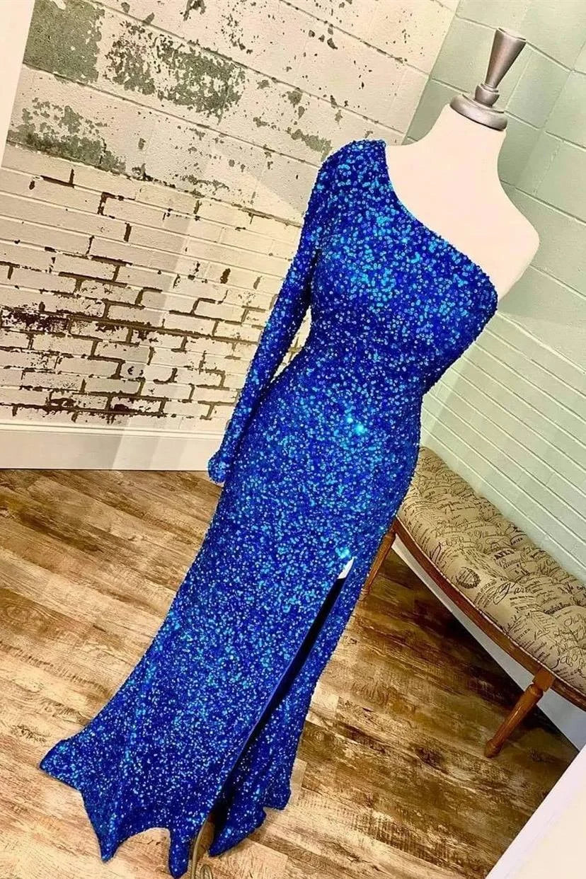 Sheath One-Shoulder Long Sleeve Sequins Peacock Long Formal Evening Dress