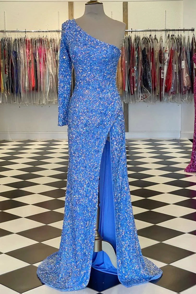 Sheath One-Shoulder Long Sleeve Sequins Peacock Long Formal Evening Dress
