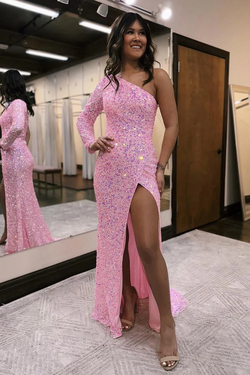 Sheath One-Shoulder Long Sleeve Sequins Peacock Long Formal Evening Dress