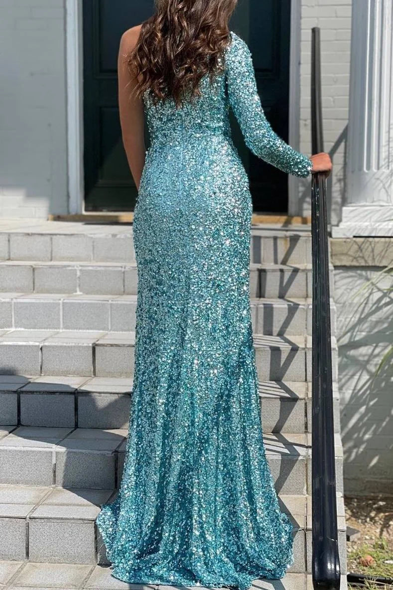 Sheath One-Shoulder Long Sleeve Sequins Peacock Long Formal Evening Dress