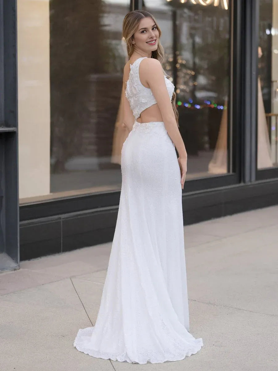 Sheath One Shoulder 3D Appliques Cutout Sequins White Evening Dress