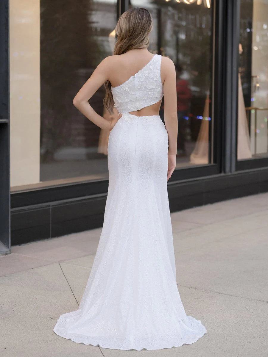 Sheath One Shoulder 3D Appliques Cutout Sequins White Evening Dress