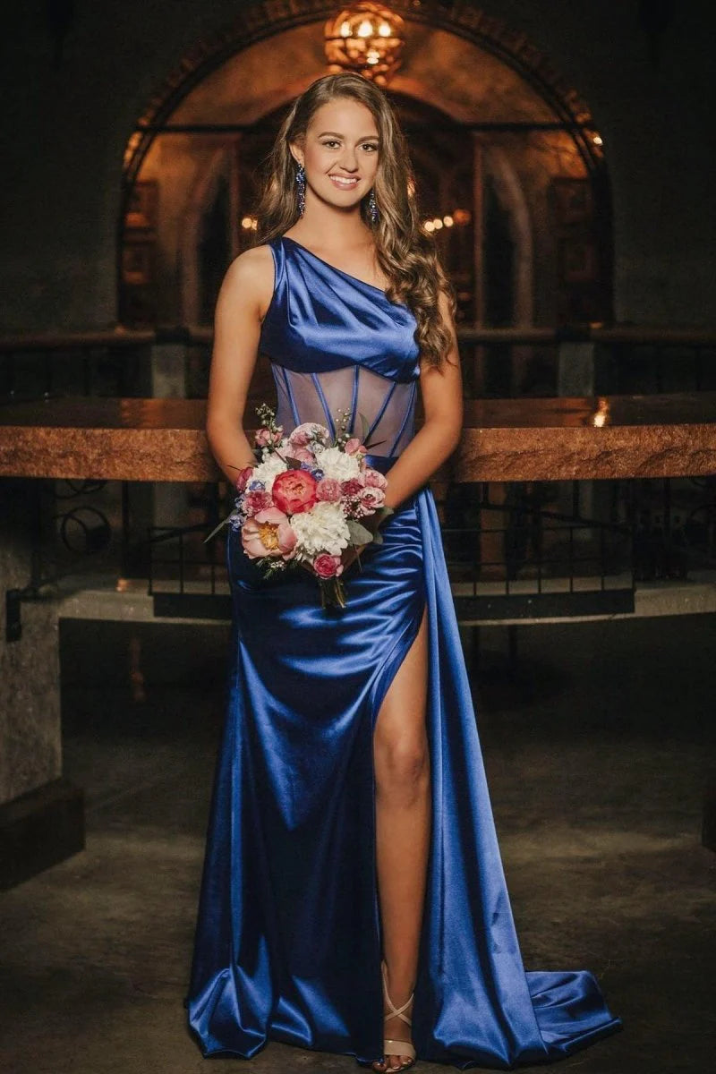 Sheath One Shoulder Pleated Sheer Waist Satin Fuchsia Long Prom Dress