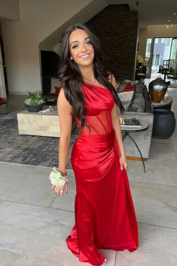 Sheath One Shoulder Pleated Sheer Waist Satin Fuchsia Long Prom Dress