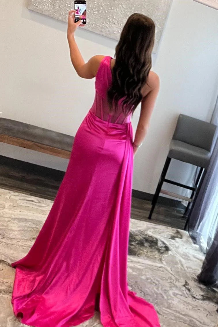 Sheath One Shoulder Pleated Sheer Waist Satin Fuchsia Long Prom Dress