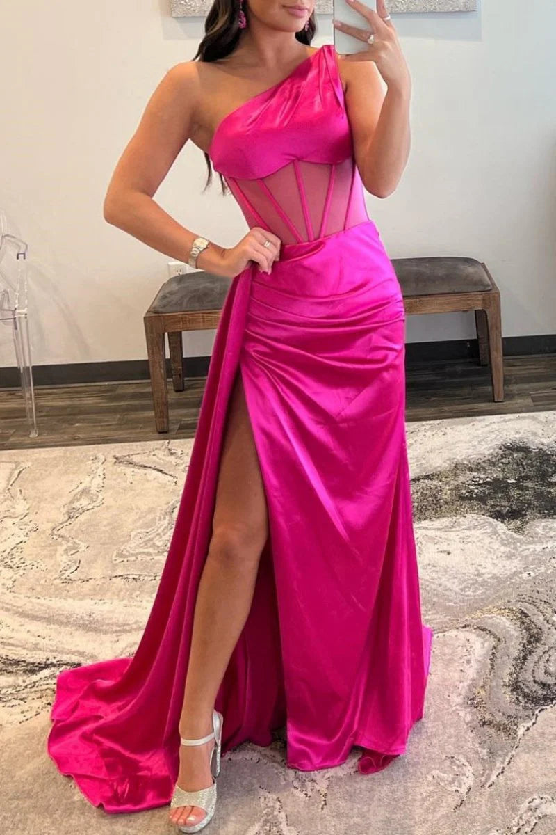 Sheath One Shoulder Pleated Sheer Waist Satin Fuchsia Long Prom Dress