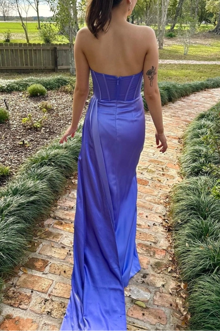 Sheath Periwinkle Satin Strapless Pleated Slit Sweep Train Formal Prom Dress With Attached Train