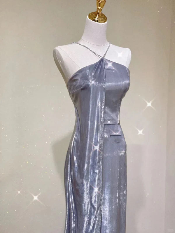 Sheath Pretty Silver Gray Sequin Halter Sleeveless Long Prom Dresses Hot Sale Party Dresses For Women Evening Dresses