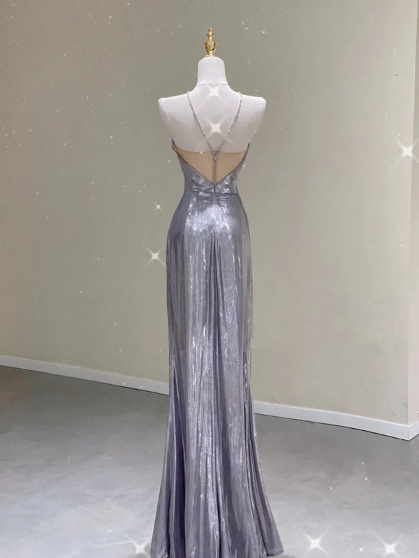 Sheath Pretty Silver Gray Sequin Halter Sleeveless Long Prom Dresses Hot Sale Party Dresses For Women Evening Dresses