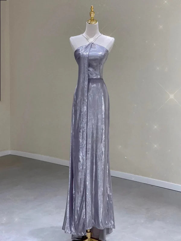 Sheath Pretty Silver Gray Sequin Halter Sleeveless Long Prom Dresses Hot Sale Party Dresses For Women Evening Dresses