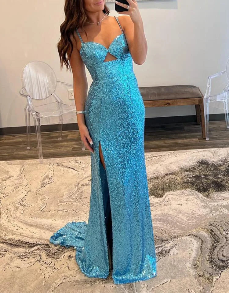 Sheath Spaghetti Strap Cutout Slit Sequin Blue Evening Dress With Train