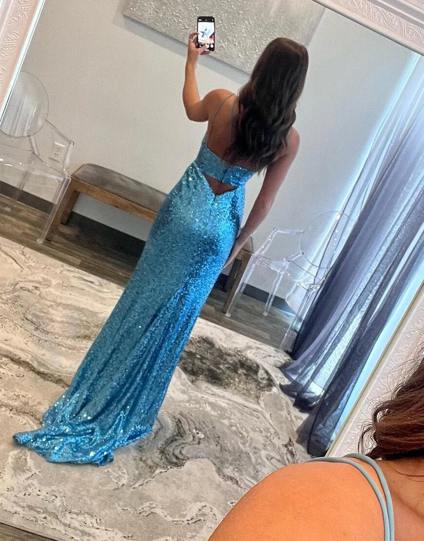 Sheath Spaghetti Strap Cutout Slit Sequin Blue Evening Dress With Train
