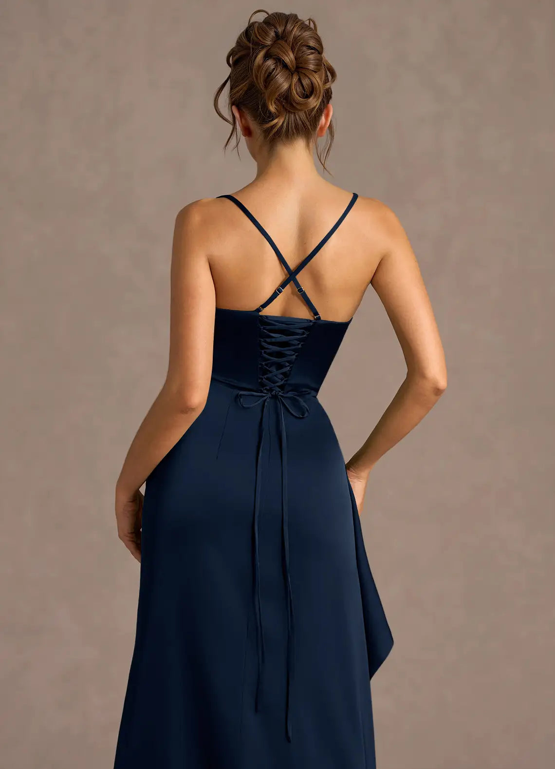 Sheath Spaghetti Straps Pleated Open Back Navy Prom Dress With Slit