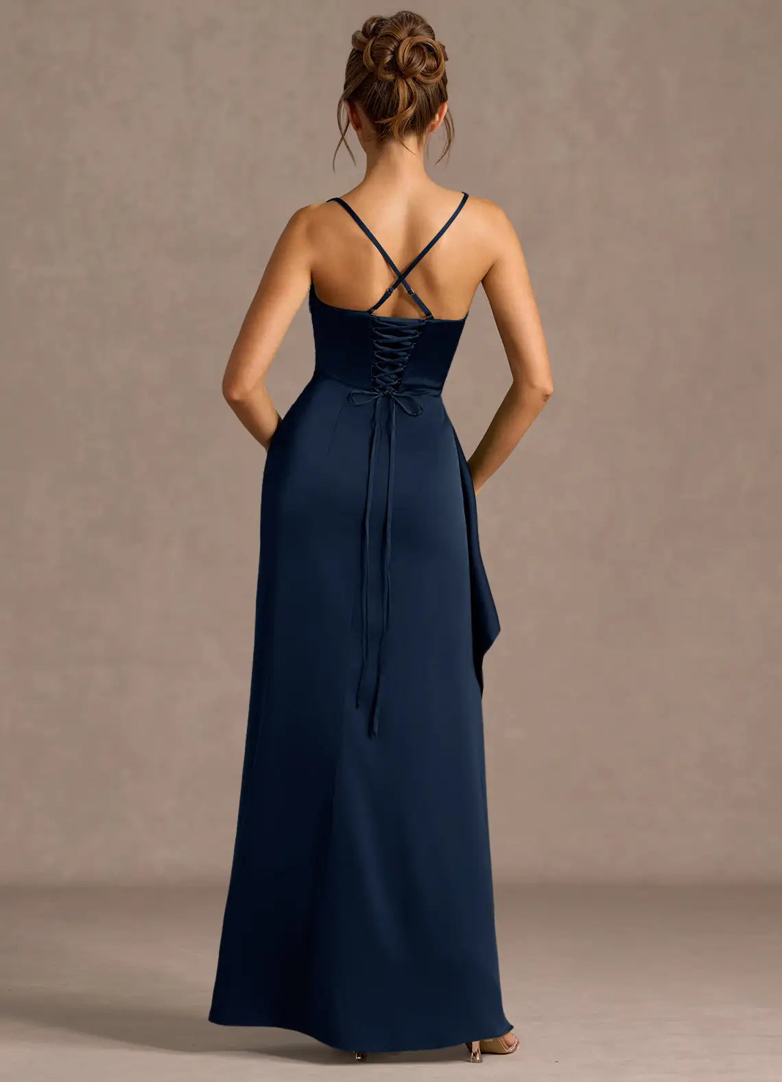 Sheath Spaghetti Straps Pleated Open Back Navy Prom Dress With Slit