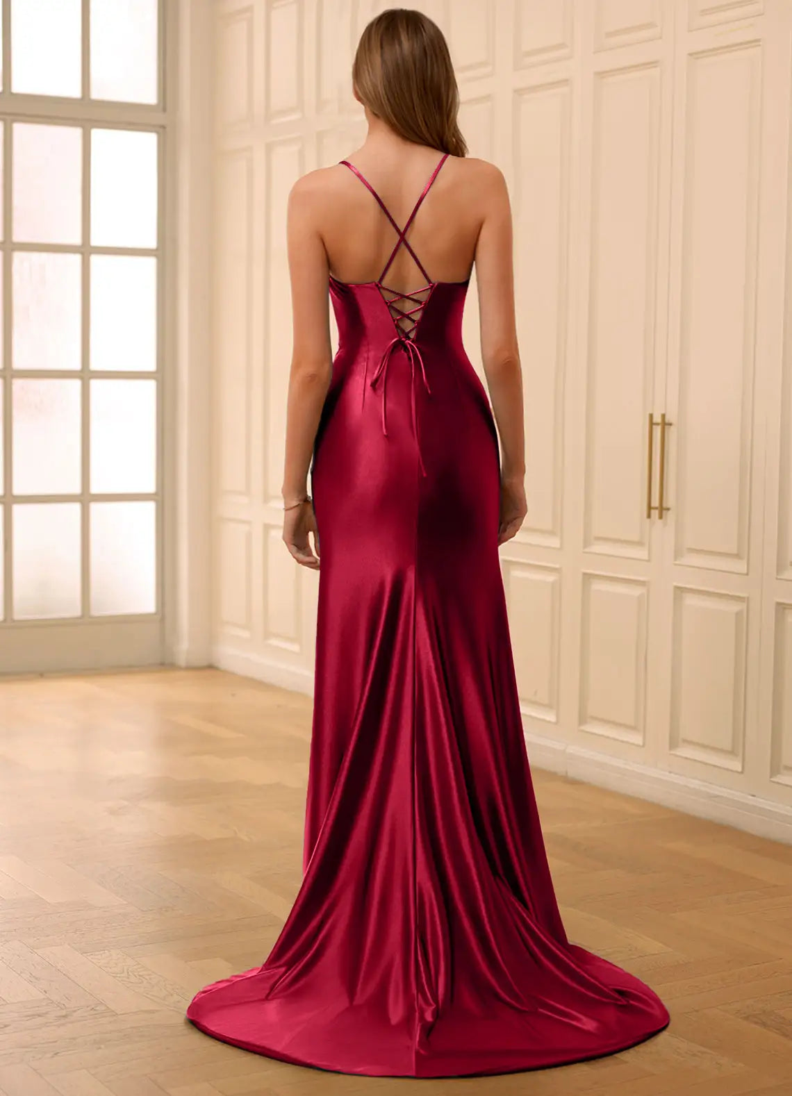 Sheath Spaghetti Straps Pleated Satin Wine Prom Dress With Slit