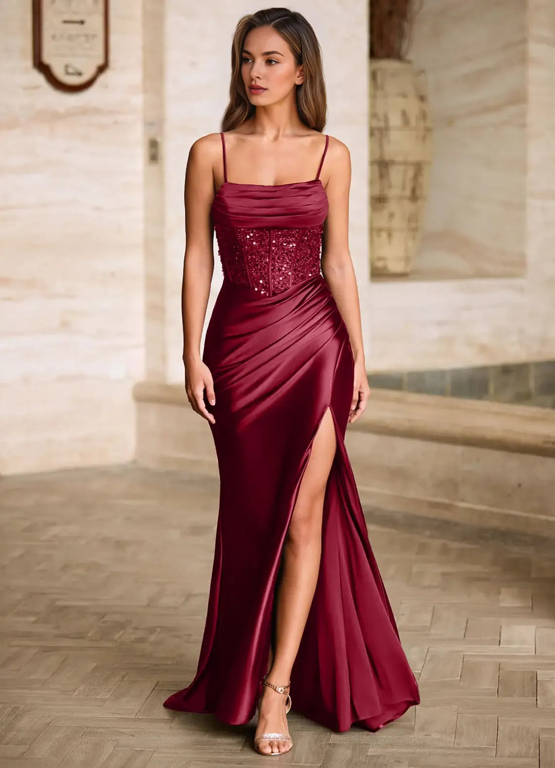 Sheath Spaghetti Straps Pleated Sequins Satin Black Floor Length Prom Dress