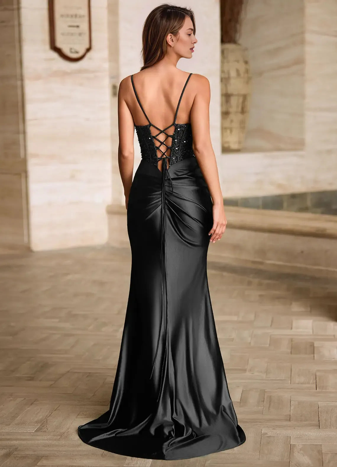 Sheath Spaghetti Straps Pleated Sequins Satin Black Floor Length Prom Dress