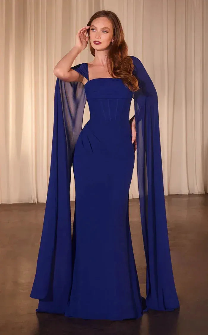 Sheath Square Neck Cape Sleeve Corset Ruched Chiffon Sage Long Prom Dress